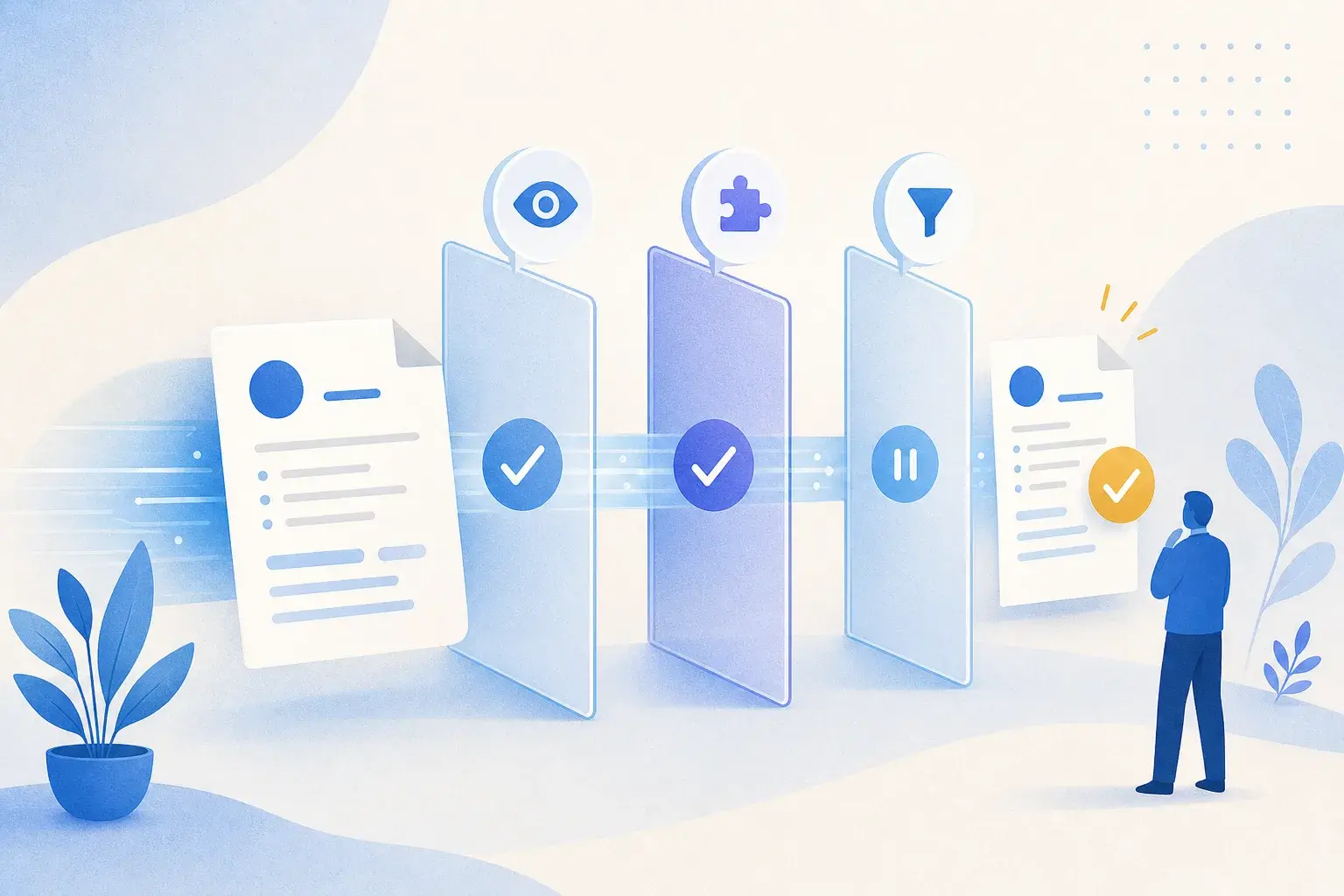 Abstract resume moving through three translucent gates for readability, match and screening.