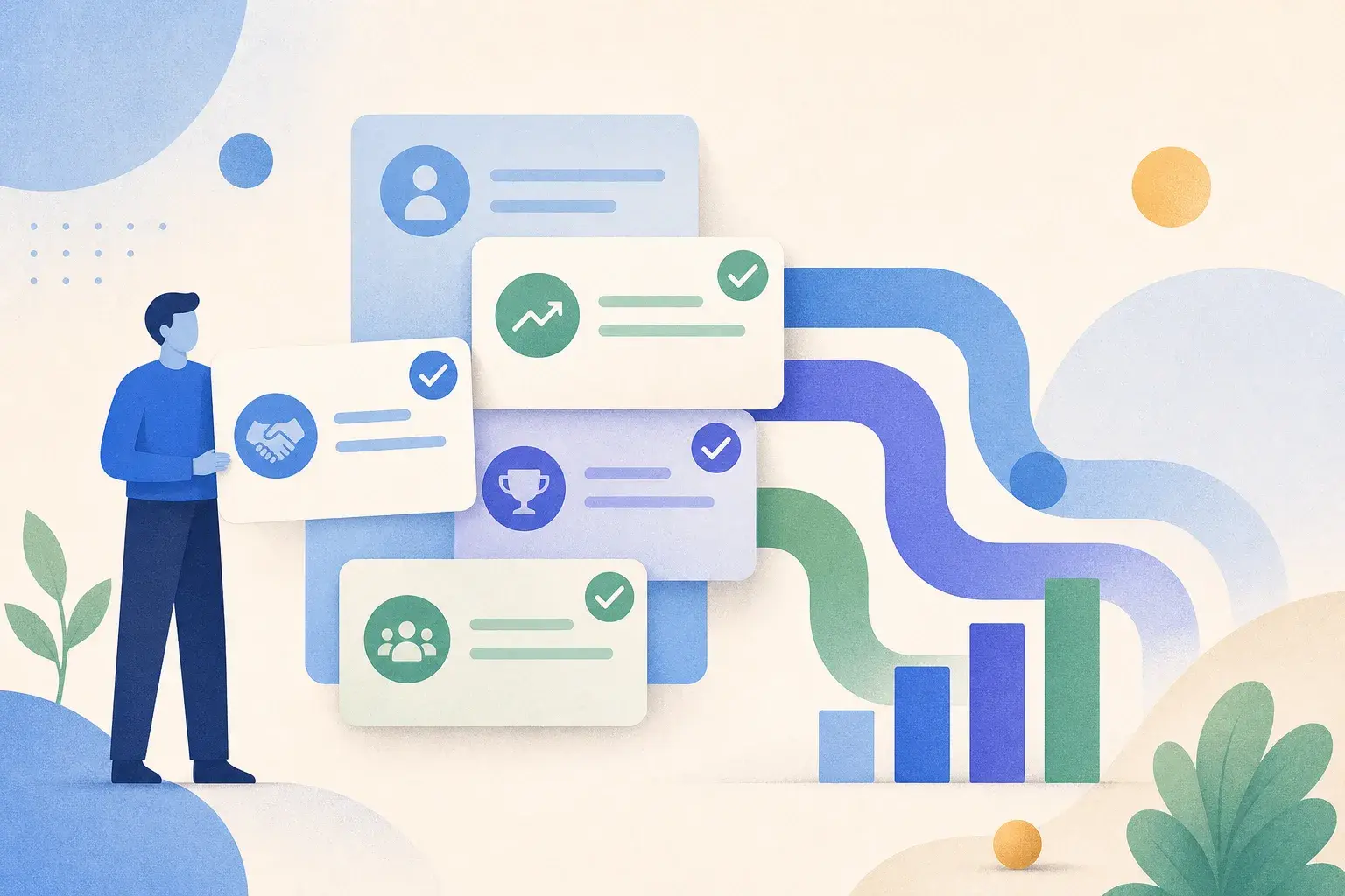 Abstract sales pipeline cards, arcs, bars and check marks in muted blue and green.