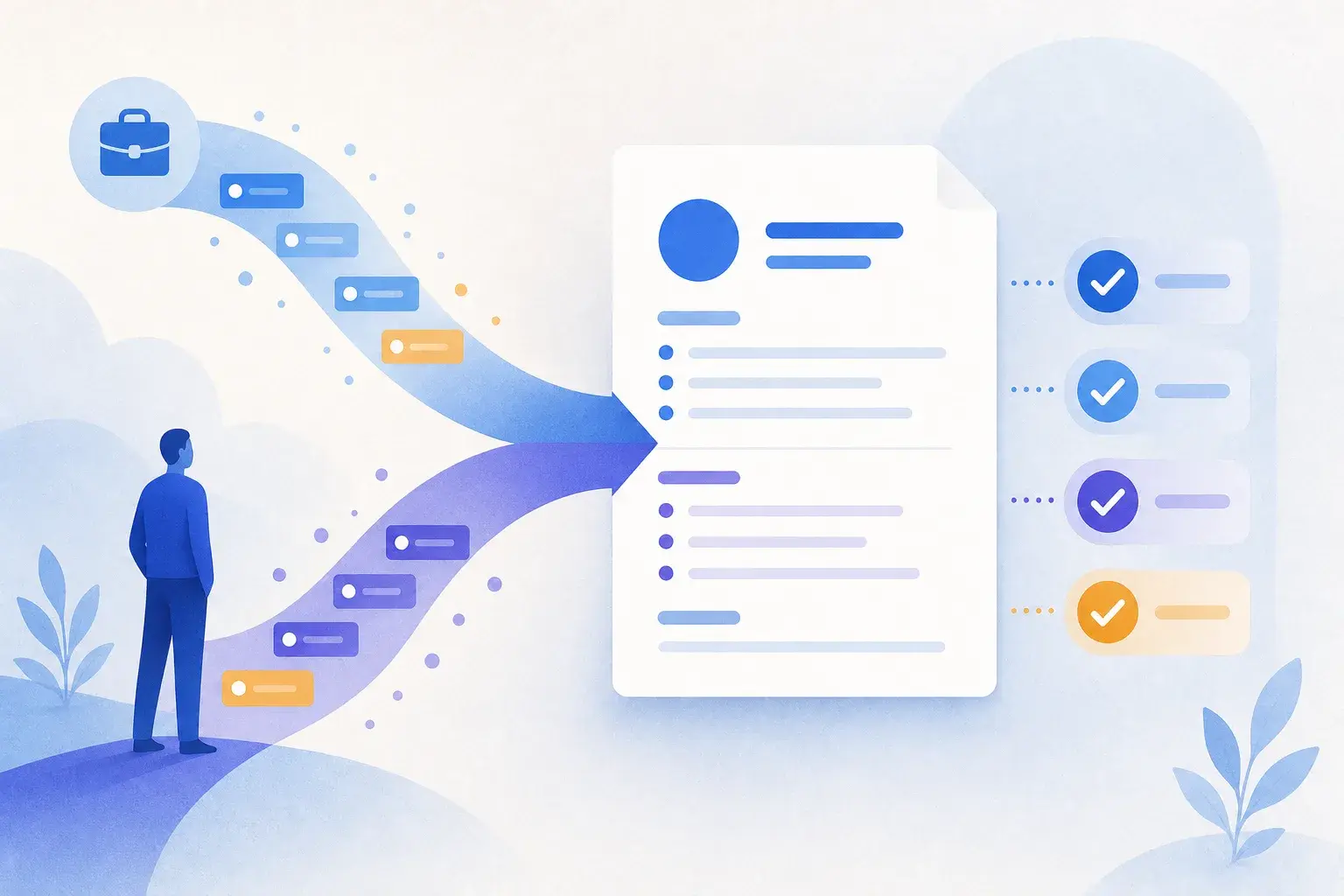 Two paths merging into a clean resume with keyword blocks and check marks