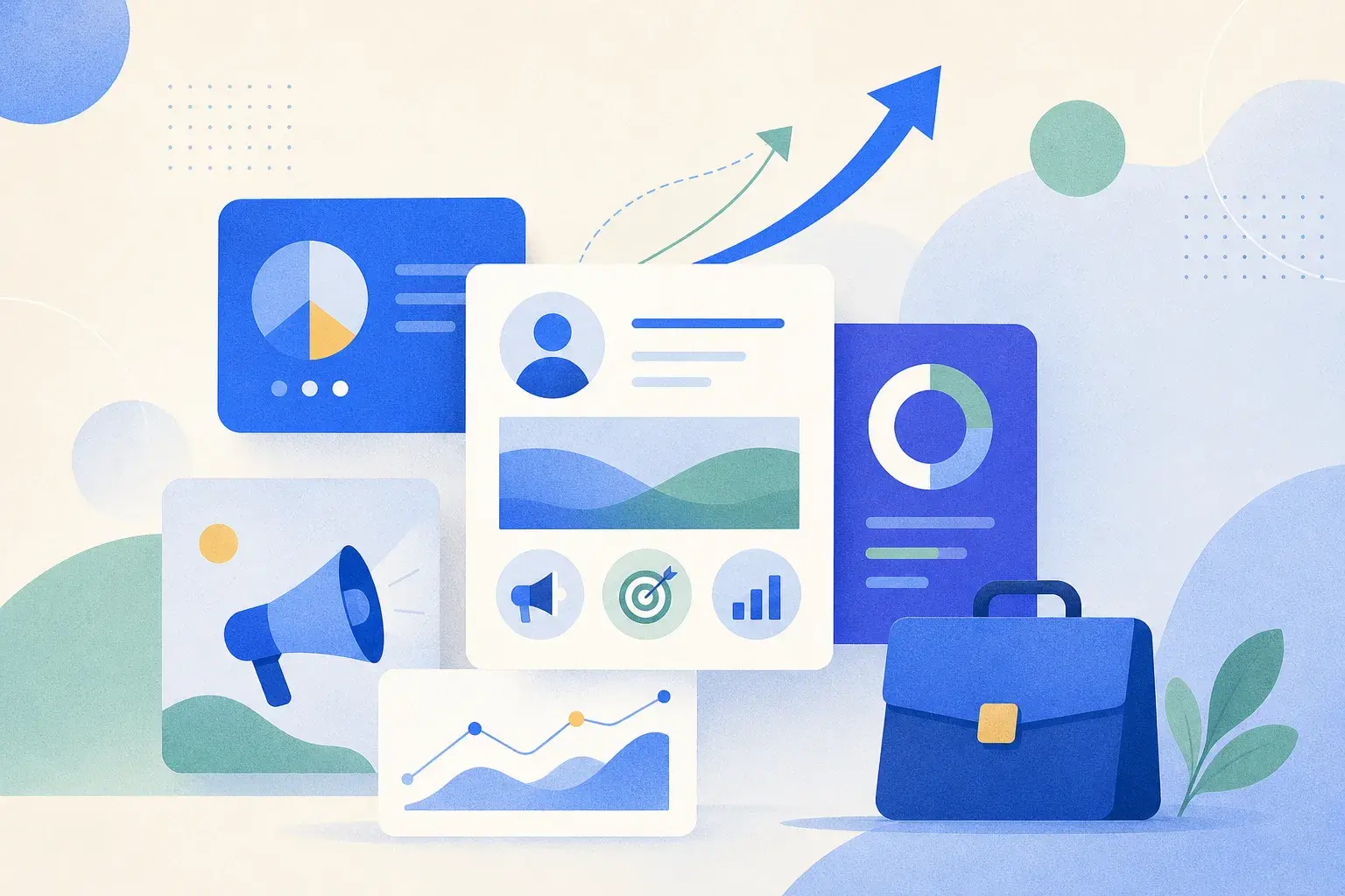 Abstract campaign cards, charts, arrows and briefcase shapes in muted blue and green.