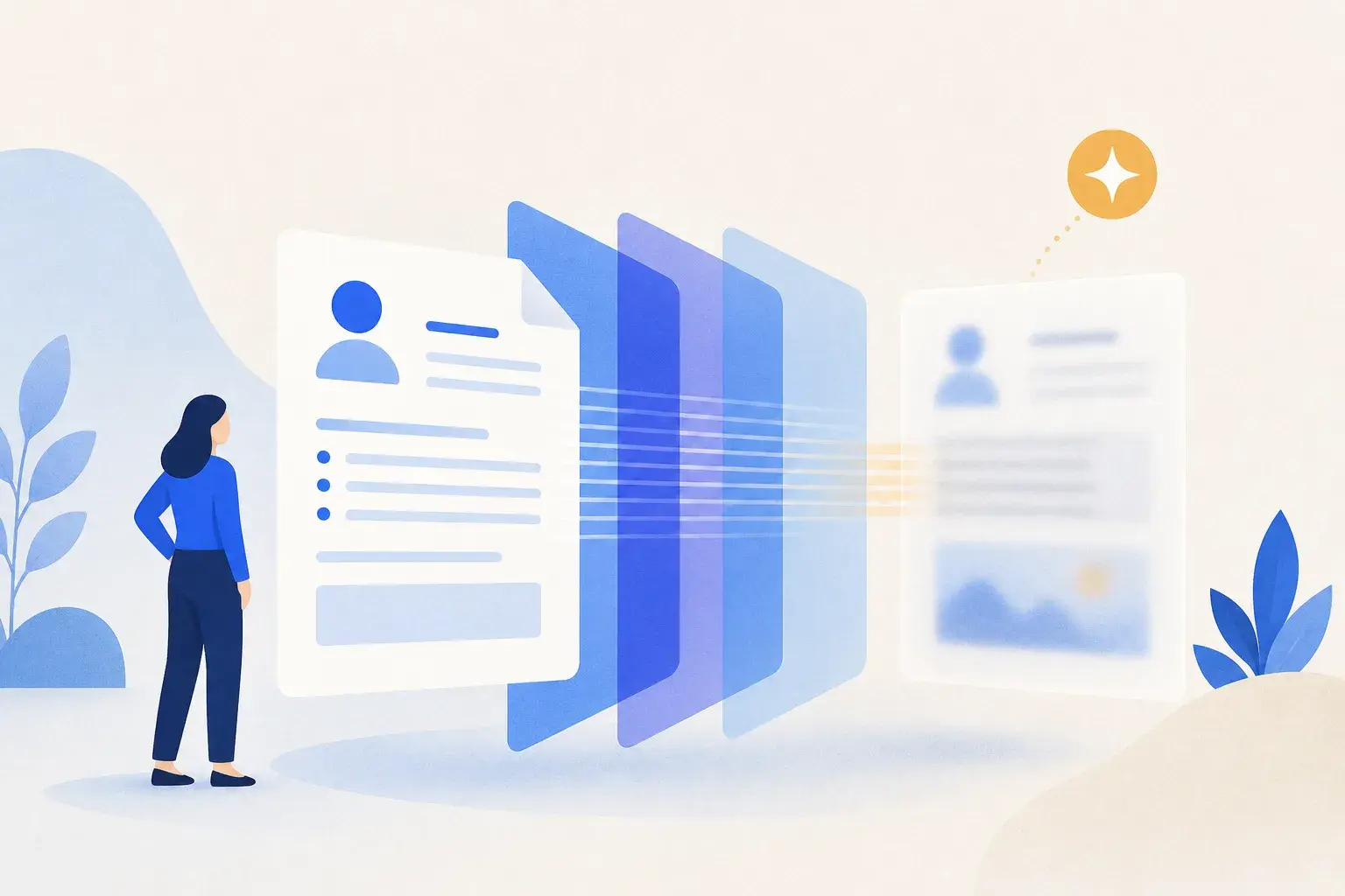 Abstract resume passing through translucent ATS layers, with a clean document beside a blurred image-like document.