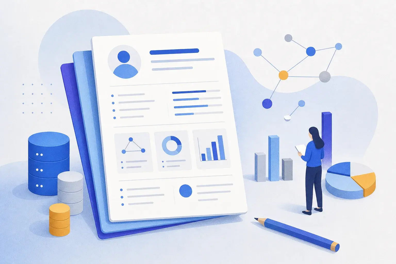 Abstract desk scene with resume pages, database icons, connected nodes, charts and a pencil in blue-gray tones.