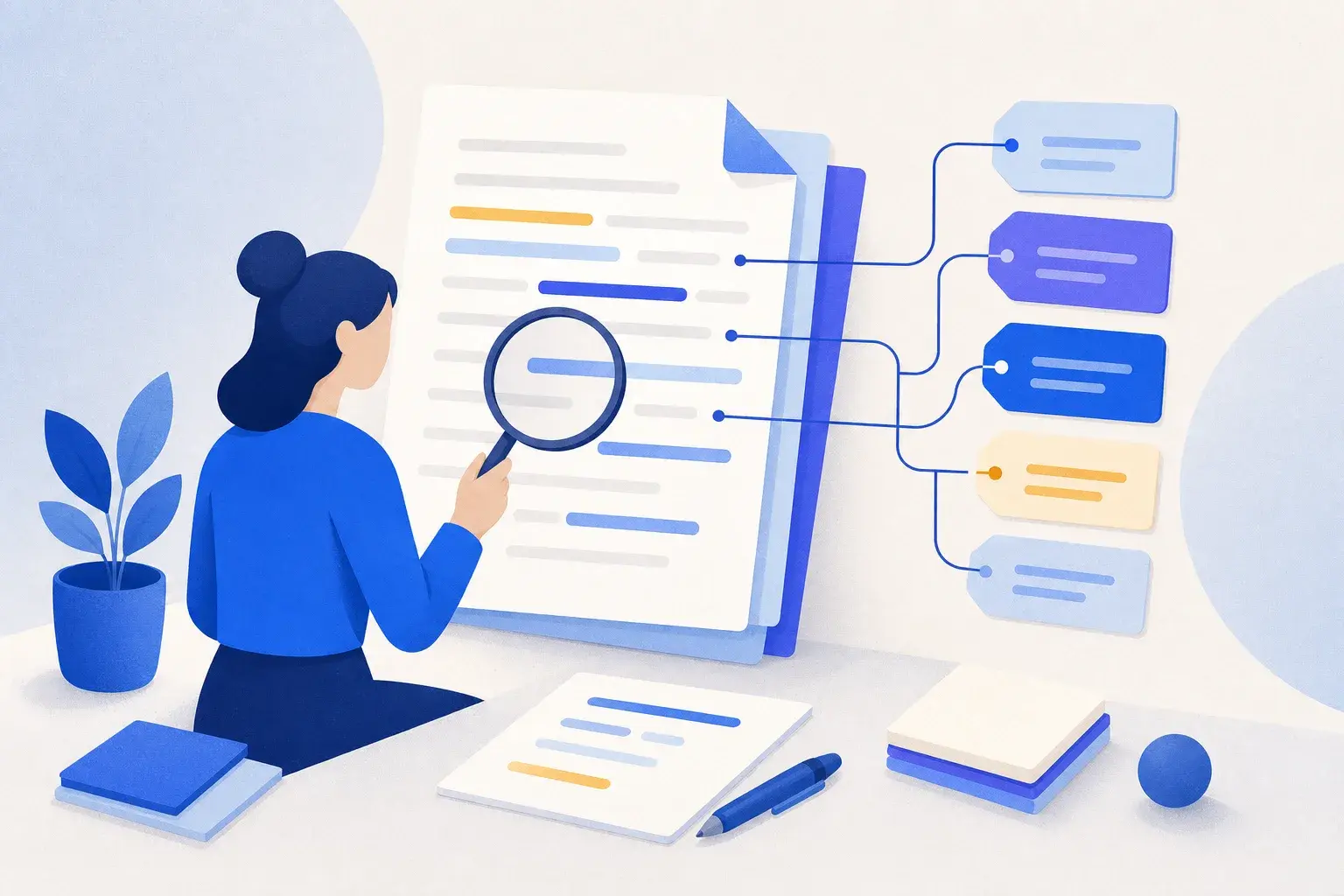 Abstract desk scene with highlighted paper layers, tags and connecting lines for sorting job keywords.
