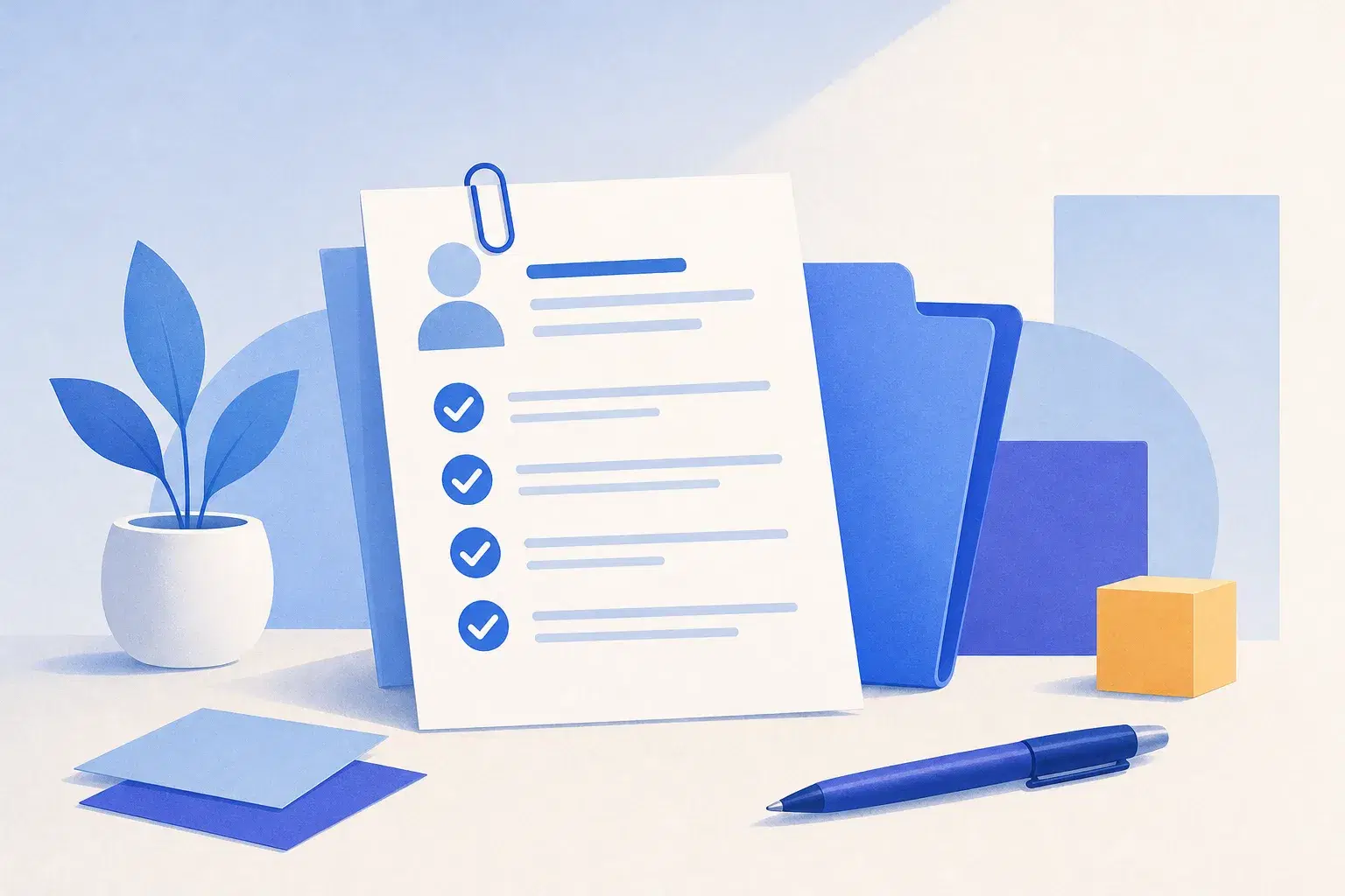 Abstract desk scene with a resume sheet, checkmarks, paperclip and folder.