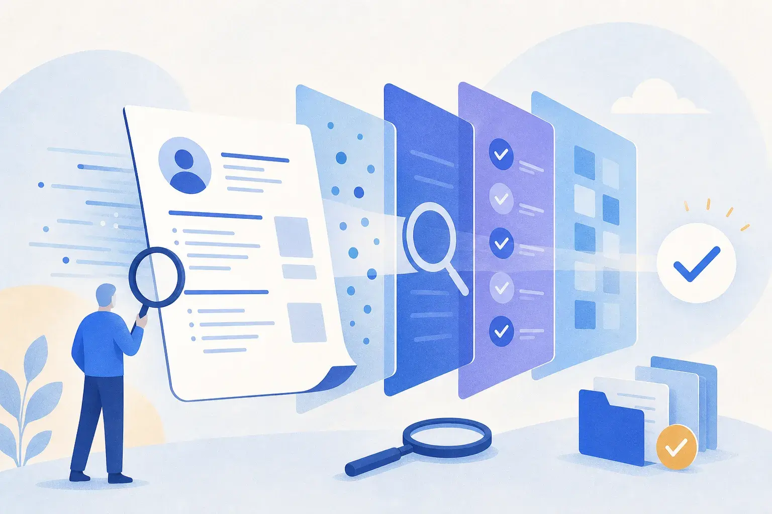 Abstract resume moving through filters with checkmarks, magnifiers, and file icons.