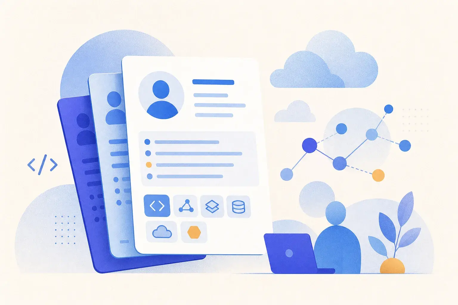 Abstract resume cards with code brackets, cloud shapes and connected nodes in muted blue and gray.